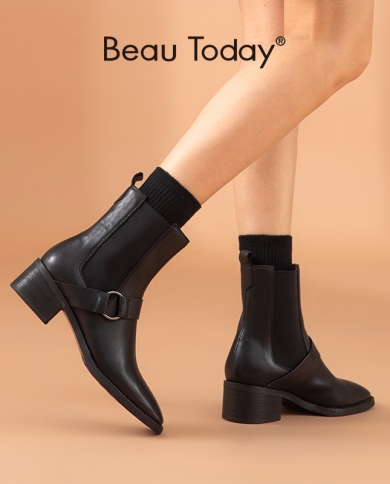 Beautoday, botas Chelsea para mujer, cuero de piel de oveja, punta cuadrada, anillo de Metal, zapatos decorativos hasta el tobil