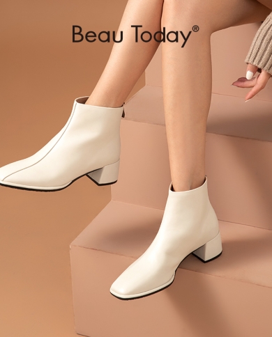 Beautoday High Heel Ankle Boots Women Calfskin Genuine Leather Square Toe Back Zip Fashion Lady Shoes Handmade 03858ankl