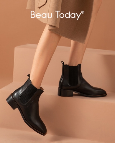 Beautoday Chelsea Boots Women Calfskin Leather Ankle Boots Square Toe Elastic Band Female Block Heel Shoes Handmade 0385