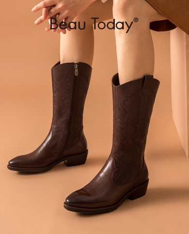 Beautoday Mid Calf Boots Western Women Cow Leather Embroider Waxing Pointed Toe Autumn Fashion Ladies Shoes Handmade 022