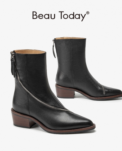 Beautoday Morden Ankle Boots Women Calfskin Leather Pointed Toe Winding Zipper Decor Ladies Block Heel Shoes Handmade 06