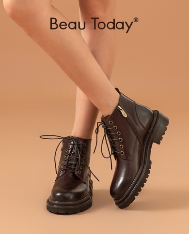 Beautoday Ankle Women Boots Genuine Cow Leather Round Toe Lace Up Zipper Double Sewing Autumn Fashion Lady Shoes Handmad