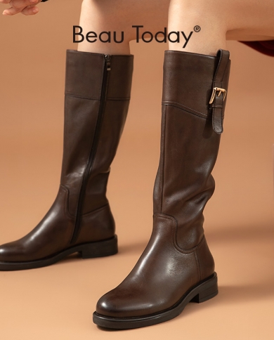 Beautoday Women Long Boots Genuine Cow Leather Metal Buckle Round Toe Shoes Zip Boots For Women Handmade 01238kneehigh B