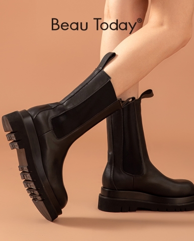 Beautoday Chelsea Boots Women Genuine Cow Leather Platform Round Toe Mid Calf Length Autumn Ladies Shoes Handmade 02366m