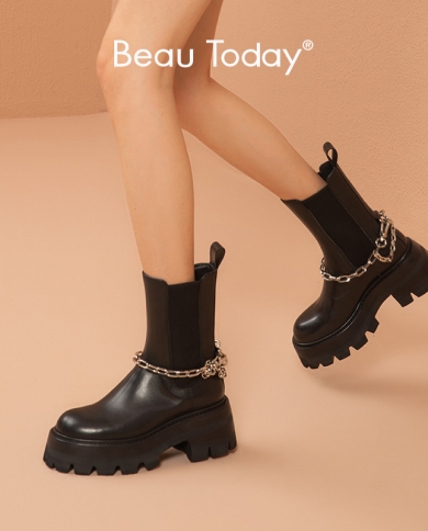 Beautoday Ankle Boots Chelsea Women Calfskin Leather Platform Sole Metal Chain Elastic Band Female Chunky Shoes Handmade