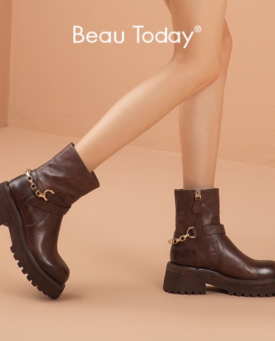 Beautoday Ankle Chunky Boots Women Calfskin Leather Punk Round Toe Zipper Back Metal Chain Decor Ladies Shoes Handmade 0
