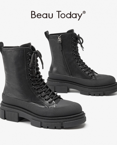 Beautoday Platform Ankle Boots Women Cow Leather Round Toe Cross Tied Side Zipper Punk Female Combat Shoes Handmade 0357