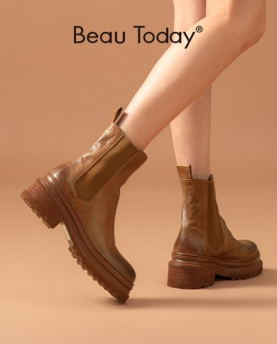 Beautoday Chelsea Boots Women Horsehide Leather Retro Waxing Round Toe Elastic Band Lady Platform Sole Shoes Handmade 03