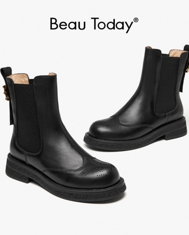 Beautoday Chelsea Boots Women Calfskin Leather Brogue Round Toe Elastic Band Metal Buckle Decor Ladies Shoes Handmade 04