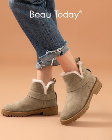 Beautoday Snow Boots Suede Leather Women Platform Round Toe Warm Wool Female Winter Ankle Boots Handmade 03280ankle Boot