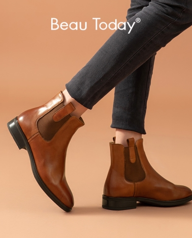 Beautoday Chelsea Women Boots Ankle Length Genuine Cow Leather Waxing Square Toe Ladies Bootie With Elastic Bands Handma