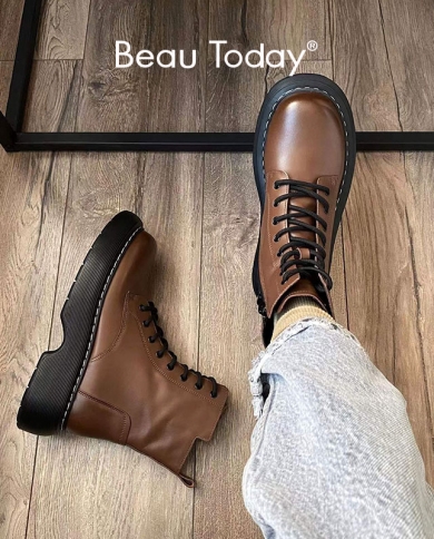 Beautoday Motorcycle Ankle Boots Women Cow Leather Platform Side Zipper Crosstied Lace Sewing Female Shoes Handmade 0449