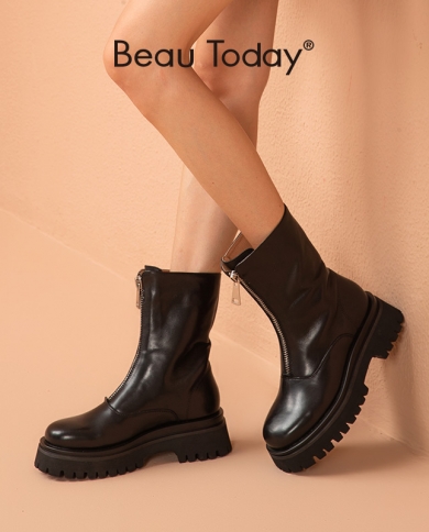 Beautoday Ankle Boots Women Calfskin Leather Zipper Round Toe Platform Sole Punk Style Female Chunky Shoes Handmade 0230