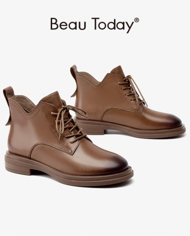 Beautoday Leather Ankle Boots Women Genuine Calfskin Waxing Round Toe Lace Up Fashion Motorcycle Female Shoes Handmade 0