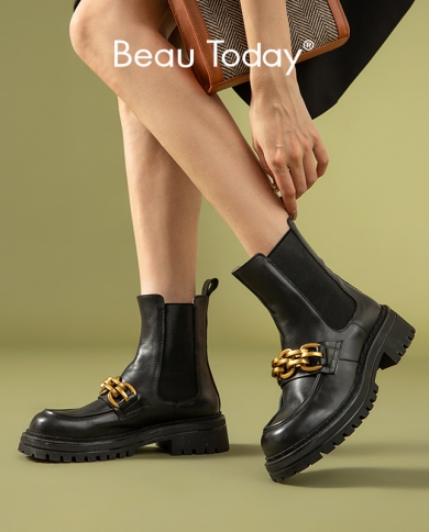 Beautoday Chelsea Platform Boots Women Genuine Cow Leather Round Toe Elastic Band Metal Chain Ladies Shoes Handmade 0358