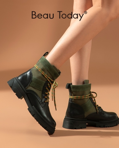 Beautoday Ankle Boots Motorcycle Women Cow Leather Combat Bootie Canvas Patchwork Lace Up Lady Fashion Shoes Handmade 04