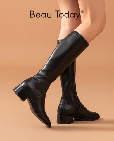 Beautoday Long Boots Women Cow Leather Pu Patchwork Knee High Boots Square Toe Side Zip Winter Ladies Thick Heel Shoes 0