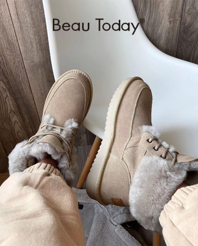 Beautoday Snow Boots Women Cow Suede Leather Lace Up Ankle Boots Warm Wool Ladies Winter Fur Shoes Handmade 08204  Women