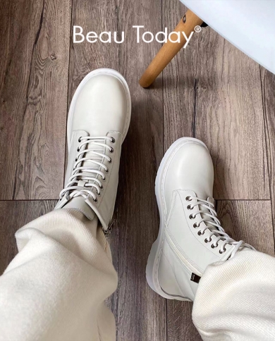 Beautoday Ankle Boots Platform Women Cow Leather Side Zipper Laceup Round Toe Winter Ladies Warm Shoes Plus Size 04218  