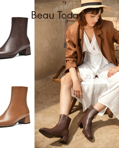 Beautoday Ankle Boots Women Sheepskin Leather Square Toe Side Zip Thick Heel Modern Lady Fashion Shoes Handmade 03885ank