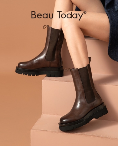 Beautoday Mid Calf Boots Platform Women Cow Leather Elastic Band Round Toe Autumn Fashion Ladies Shoes Handmade 02369mid