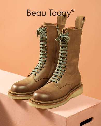 Beautoday Boots Women Genuine Cow Leather Midcalf Length Round Toe Size Zipper Vintage Lady Platform Shoes Handmade 0232