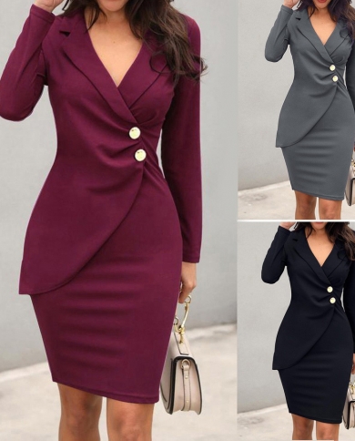 Autumn Women Solid Turn Down Neck Bodycon Formal Dress Office Lady Zipper  V Neck Full Sleeve Elegent Evening Party Dres