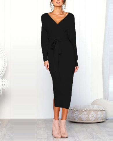  V Neck Black Knitted Sweaters Dress Women Fashion Elegant Batwing Sleeve Tie Up Bodycon Dresses Batwing Sleeve Party Dr