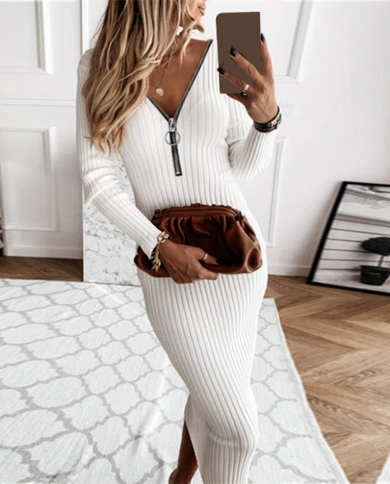 Elegant White Long Sleeve Ribbed Knitted Slim Dress Woman  Bodycon Thick Zipper Autumn Slim Dresses Solid Soft Sweater D