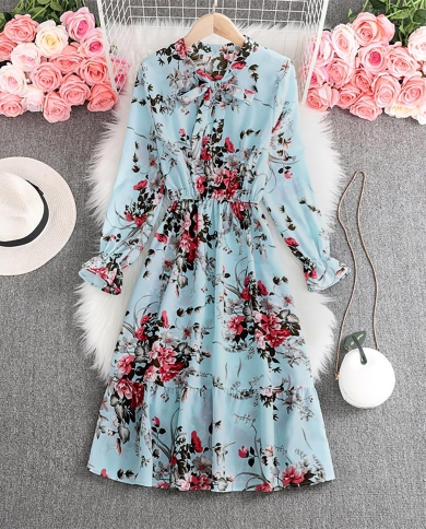 Spring Summer Elegant Vintage Floral Beach Dress Slim Long Sleeve Bow Neck Ruffle Flowy Temperament Chiffon Midi Dress R