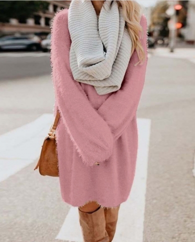Womens Autumn Winter Fleece Warm Sweater Mini Dress Casual O Neck Sweater Wrapped Dress Long Sleeve Dress Solid Knitted