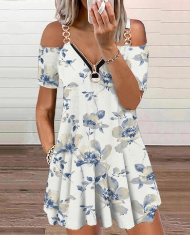 Elegant Vintage Zipper Dress Women  Off Shoulder Short Sleeve V Neck Mini Dress Casual Summer Open Back Camisole Dress