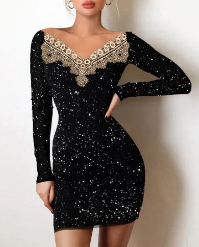 Womens Fashion Dress Glitter Split Dress  Contrast Mesh Dress Deep V Neck Long Sleeve Party Dress  Dress Womens Dress