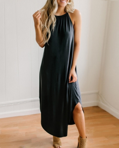 Womens Dress 2022 New Solid Color Casual Sleeveless Suspender Dress Loose Round Neck Black Vacation Long Dress Vestidos