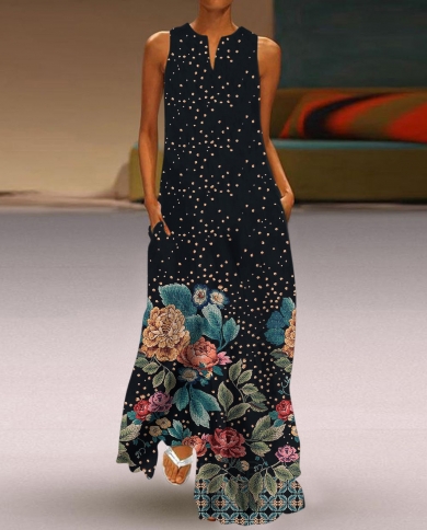 Plus Size Women Maxi Dress 2022 Spring Summer  Vintage Sleeveless Elegant Dress Casual Vestidos Runway Dresses For Women