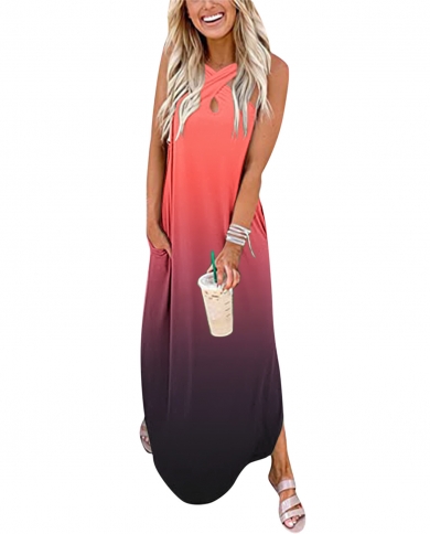 Women Casual Gradient Loose Sundress Long Dress Crisscross Sleeveless Split Maxi Dresses Summer Beach Dress With Pockets