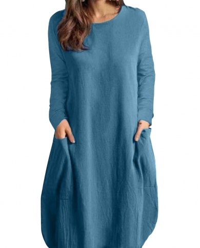 Femmes robe automne nouvelle mode élégant Oneck solide coton chanvre robes poche ample décontracté à manches longues robe de soi