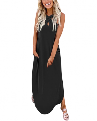 Summer Womens Fashion Backless Dress Casual Loose Solid Color Pocket Long Dress Sleeveless Split Maxi Dresses Sundress 