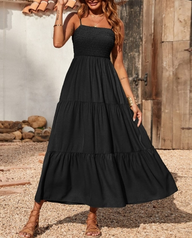 Summer Elegant Black Spaghetti Long Dress Vintage Sleeveless Boho Beach Dress  Ruched High Waist Tiered Sundress 2022