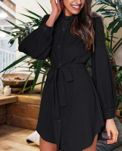 Autumn And Winter Black Lace Up Shirt Dress Long Sleeved V Neck Solid Color Strapless Blouse Casual Skirt  Woman Dresses