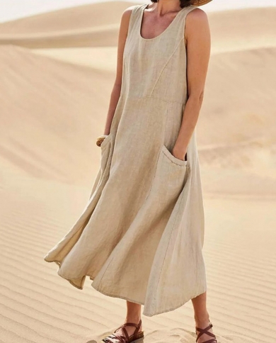 Dress For Women 2022 Fashion Casual Solid Cotton Linen Dress Sleeveless With Pocket Loose Dress Tank Maxi Dress  Dresses