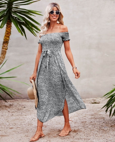 Women Summer Vintage Off Shoulder Elegant Dress Slim Short Sleeve High Waist Dresses A Line Mini Dress Party Dresses 202