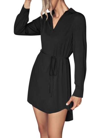 Casual Women Solid Color Drawstring Waist Shirt Dress Femme Slim Daily Workout Place Design Robe Office Outfits Simple D