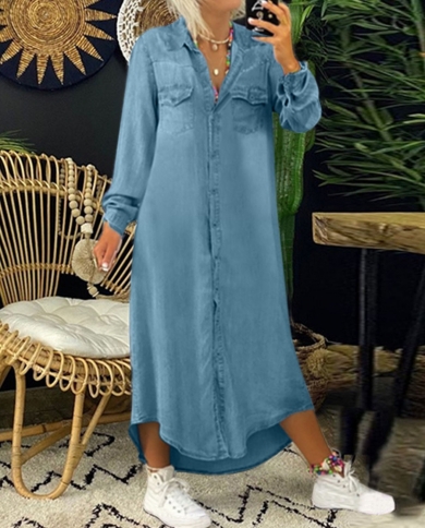 Women Vintage Casual Solid Denim Dress Summer Fashion V Neck Long Sleeve Button Pocket Loose Long Maxi Dress Mother Day 