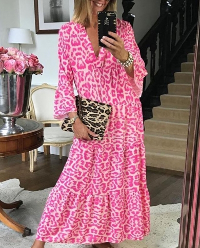 Pink Leopard Long Dress Autumn   Fashion Ins Vacation Dress For Women Elegant Ruffles Beach Dresses  Robe  Dresses