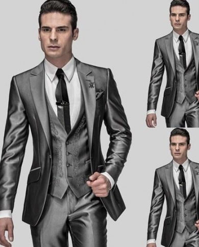 Shiny  Satin Gray Applique Groom Tuxedos Groomsmen Mens Wedding Prom Suits jacketpantsvesttiesuits
