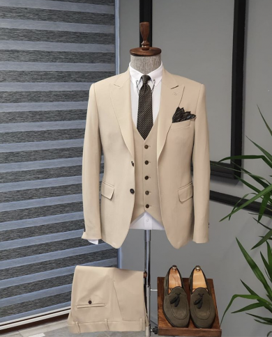 Costume Homme Business Khaki Men Suits Wedding Groom Tuxedo Terno Masculino Bridegroom Slim Fit Blazer 3 Pieces Jacket P