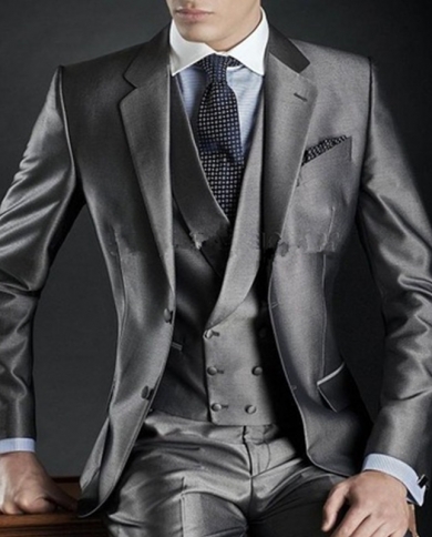 Latest Coat Pant Designs Grey Single Breasted Satin Men Suits  Italian Jacket Custom Groom Slim Fit Tuxedo 3 Pieces Men 