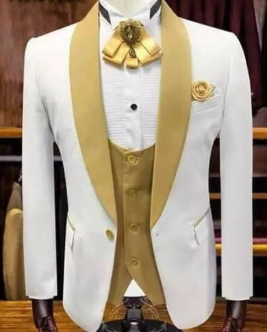 Top Selling White Mens Fashion 3 Pieces Suit With Gold Lapel Wedding Groom Prom Men Blazer Masculino jacketpantsvest