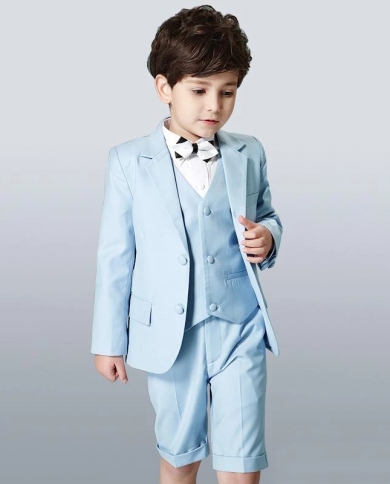 New Short Design Light Blue Kids Children Wedding Blazer Formal Suit Boy Birthday Party Business Suit 3 Pcs Jacket Pant 
